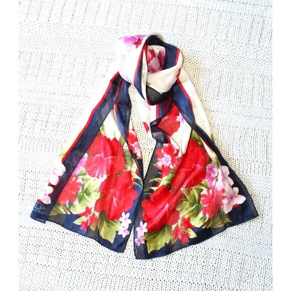 Oscar de la Renta 100% Silk Floral Print Scarf  52 in x 11 in tropical hibiscus - Picture 1 of 8
